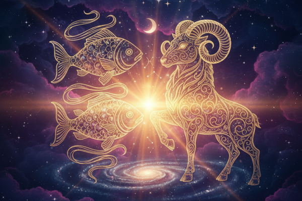 Pisces Man and Aries Woman Compatibility - cosmic fish and ram zodiac symbols