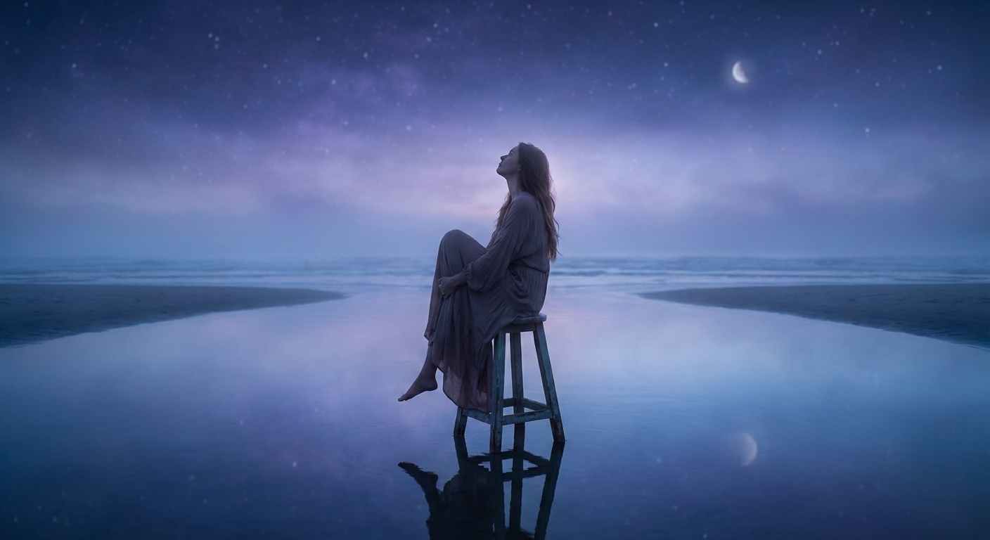 A dreamy woman by the ocean at twilight gazing at stars reflected in calm water, representing Pisces intuitive and spiritual nature