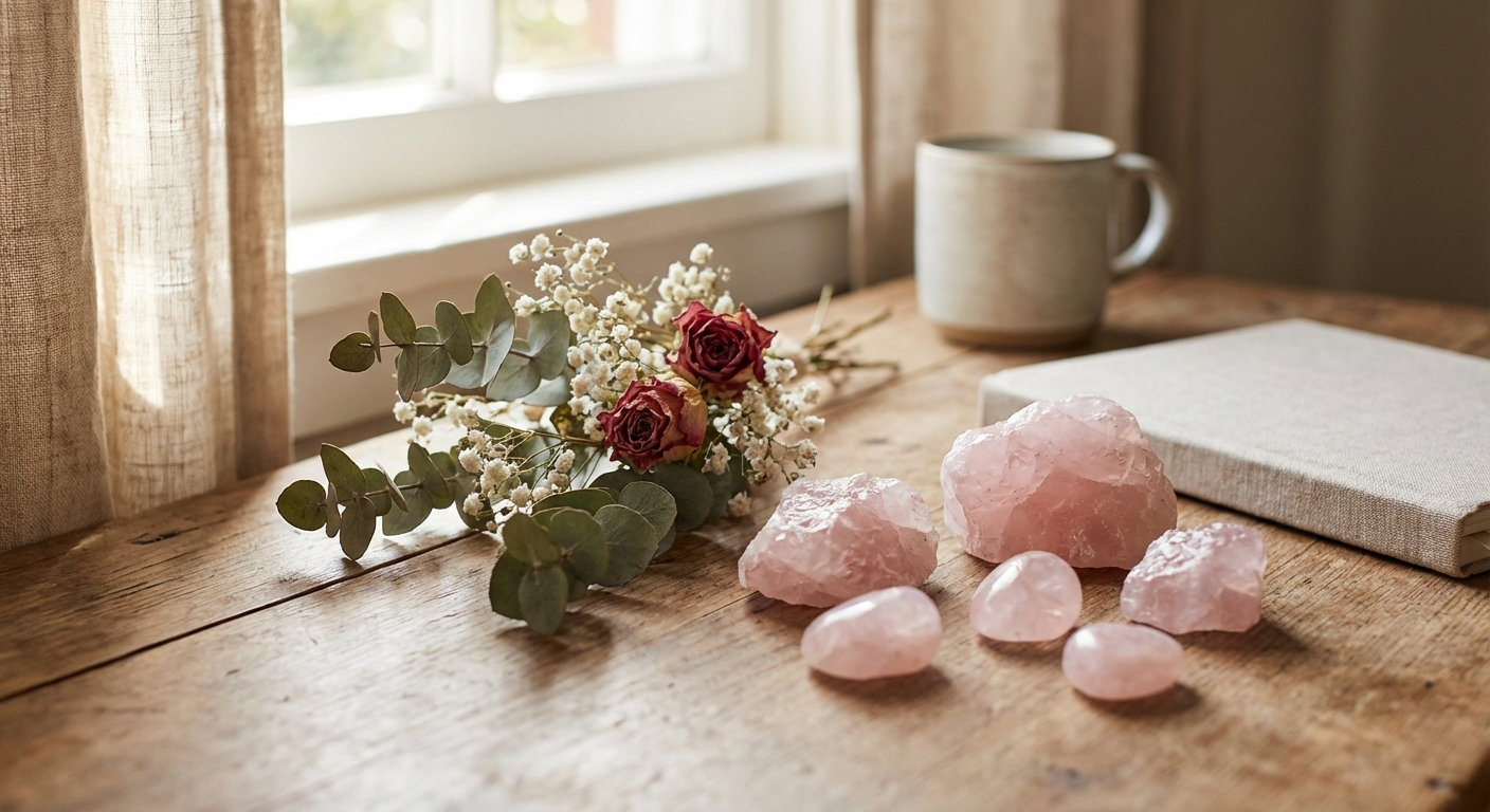 Rose quartz crystals on wooden surface