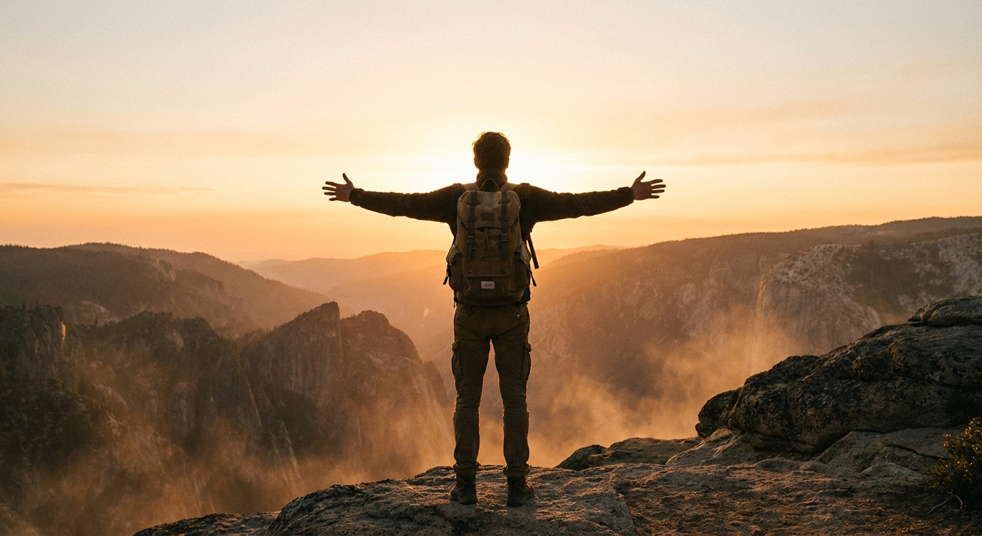 An adventurous traveler at a mountain overlook at sunrise, representing Sagittarius free-spirited and exploratory nature