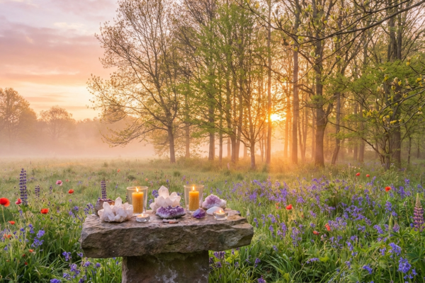 Spring equinox sunrise over a meadow with crystals and candles on a stone altar