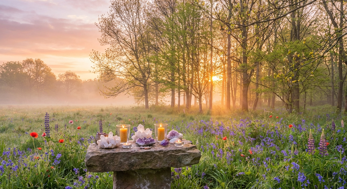 Spring equinox sunrise over a meadow with crystals and candles on a stone altar