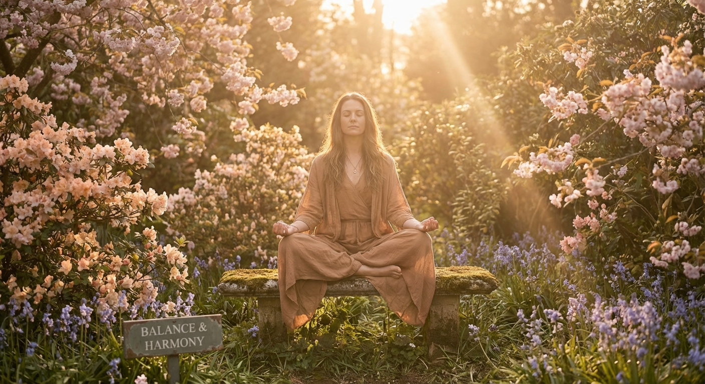 Woman meditating peacefully in a spring garden surrounded by blooming flowers
