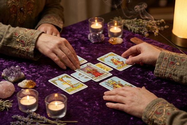 Hands laying out tarot cards in a spread pattern for self-discovery and spiritual growth