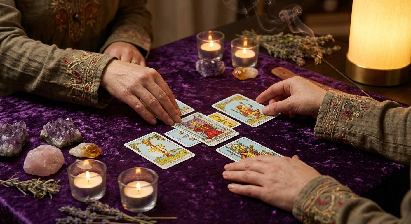 Hands laying out tarot cards in a spread pattern for self-discovery and spiritual growth