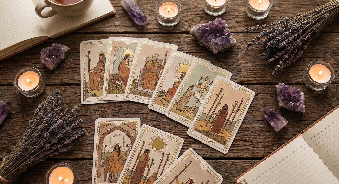 Tarot cards spread on a wooden table with amethyst crystals and candlelight for self-discovery reading