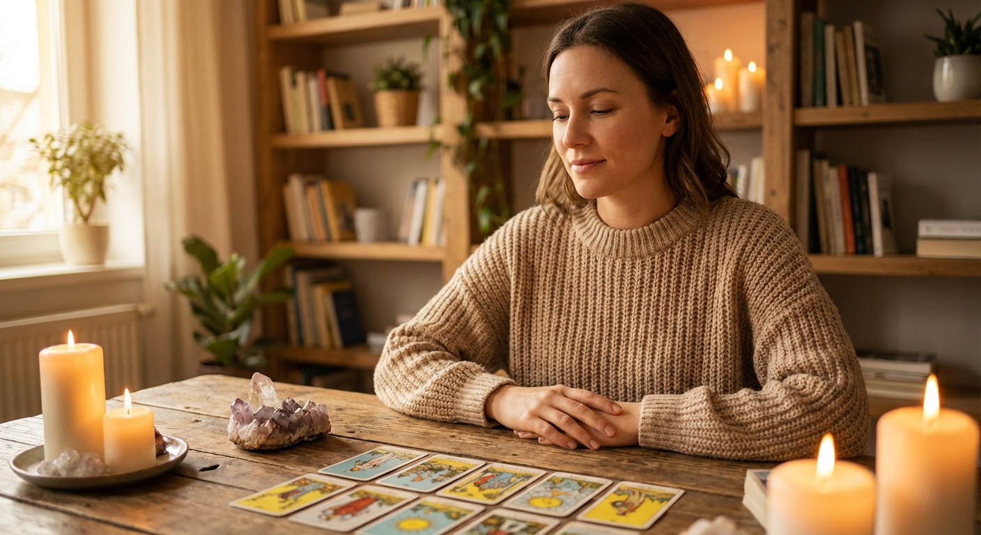 Woman doing a tarot yes or no reading with candles and crystals