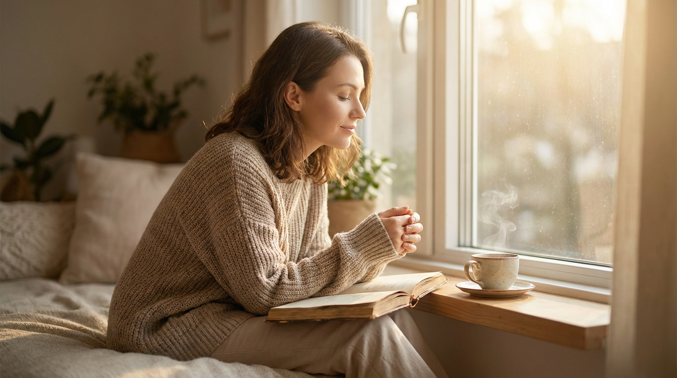 A woman in peaceful contemplation by a sunlit window, reflecting on her spiritual journey