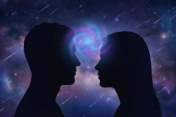 Twin flame telepathy - two silhouettes connected by ethereal light representing spiritual telepathic bond