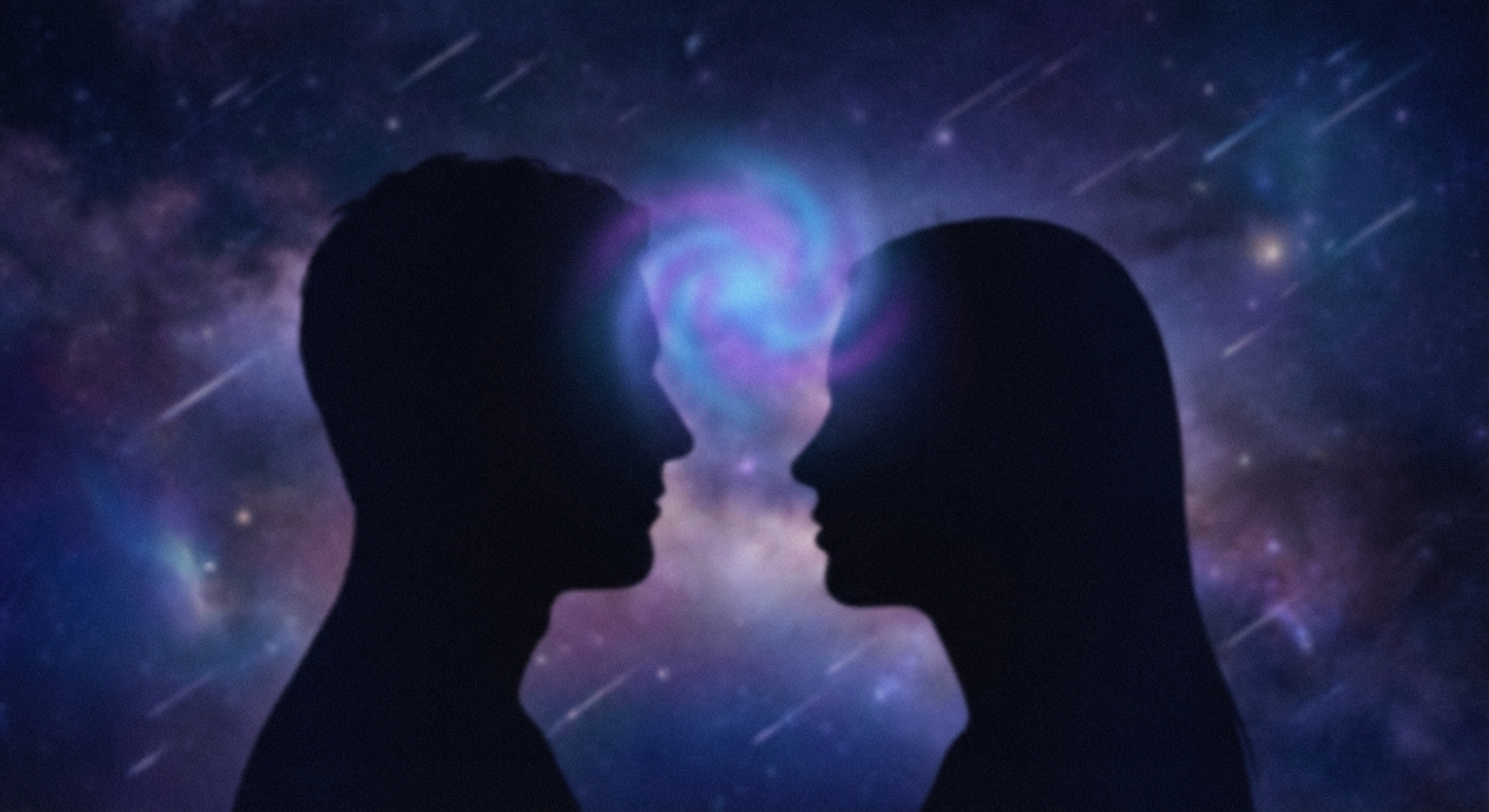 Twin flame telepathy - two silhouettes connected by ethereal light representing spiritual telepathic bond
