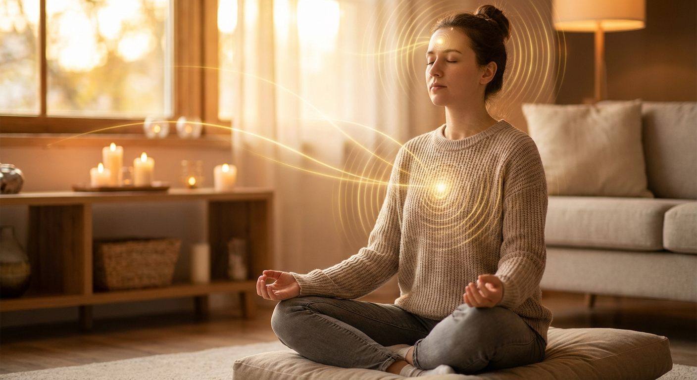 Person meditating with golden energy representing twin flame telepathic connection and spiritual awareness