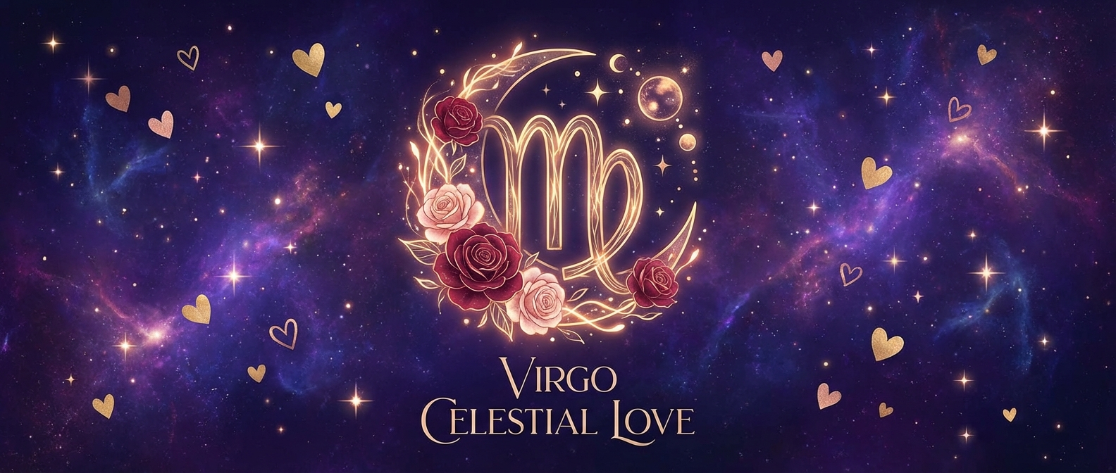 Virgo zodiac love compatibility 2026 celestial banner with hearts and stars