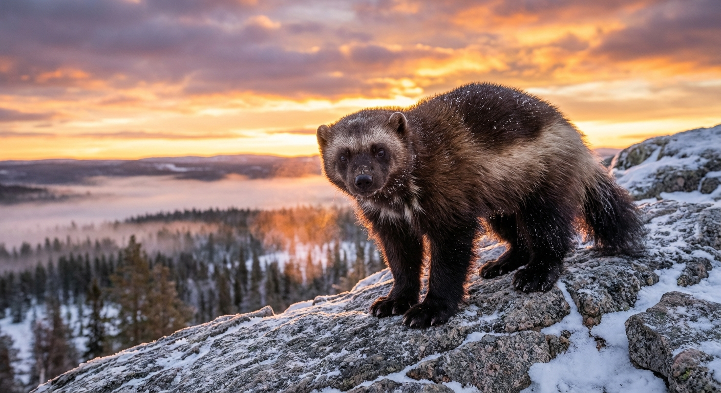A powerful wolverine standing on a snowy mountain ridge at golden hour, symbolizing the fierce courage and resilience of the wolverine spirit animal