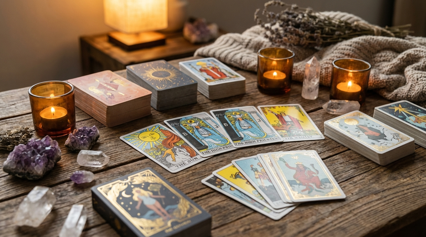 Collection of different tarot decks spread on a vintage wooden table with crystals and candles