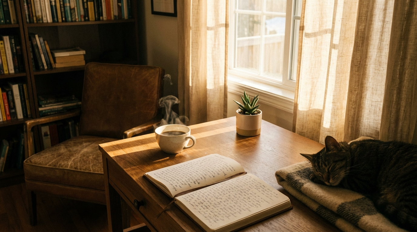 Peaceful morning desk setup with journal and coffee representing the grounding energy of angel number 0404