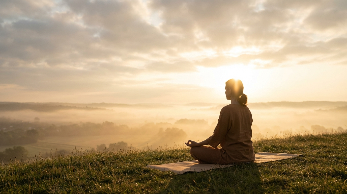 A woman meditating at sunrise, connecting with divine guidance and the spiritual energy of angel number 0910