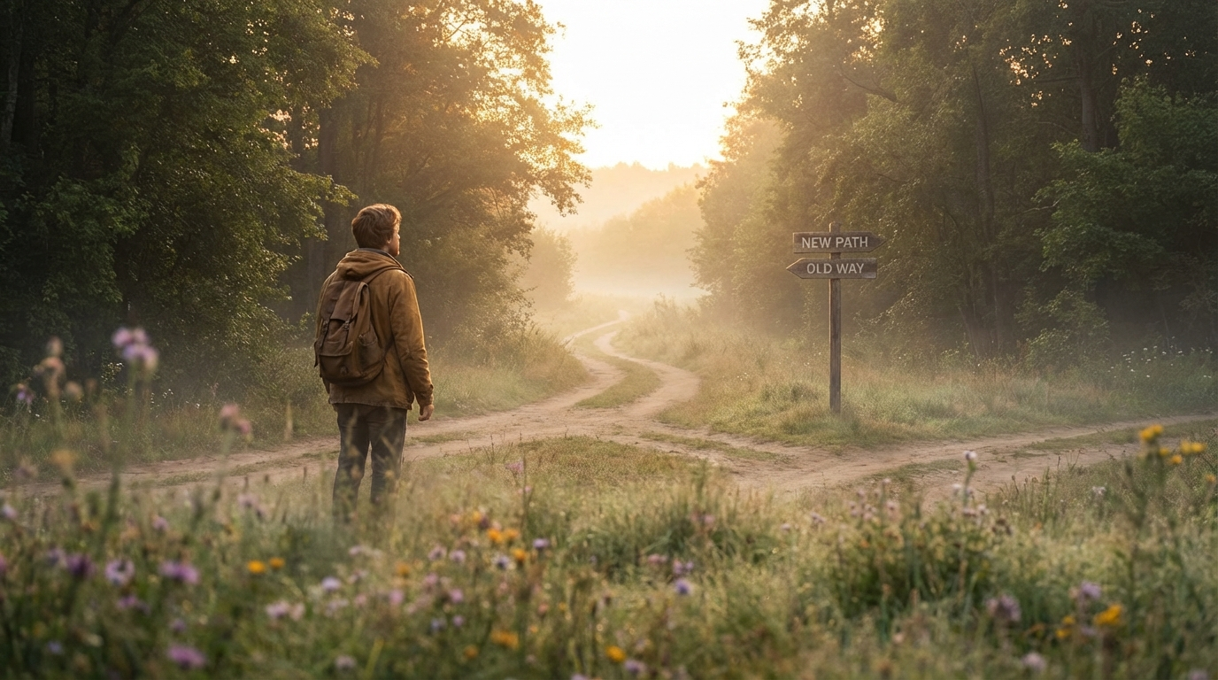 A person standing at a sunlit crossroads in nature, symbolizing the new beginnings and positive life changes associated with angel number 1105