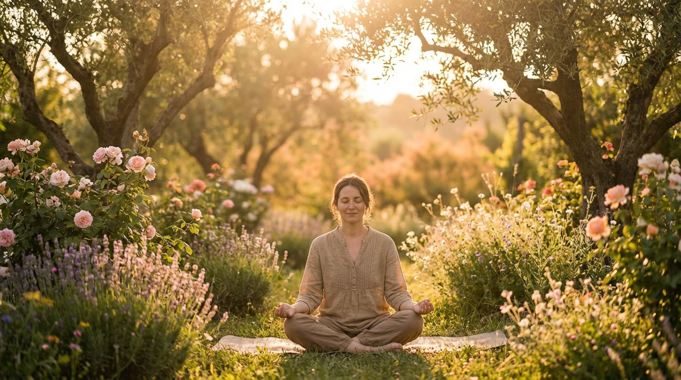 Person meditating peacefully in a sunlit garden at golden hour