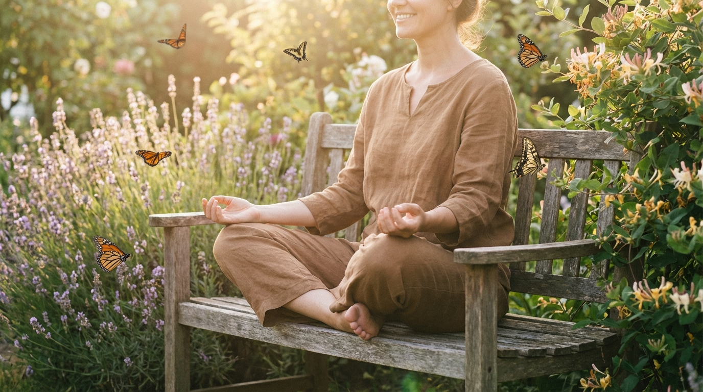 Person meditating peacefully in a sunlit garden, embodying the inner peace and spiritual growth of angel number 303