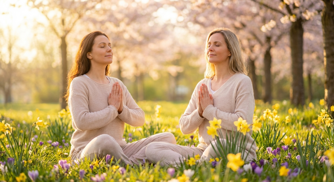A woman meditating peacefully at sunrise during spring surrounded by blooming flowers