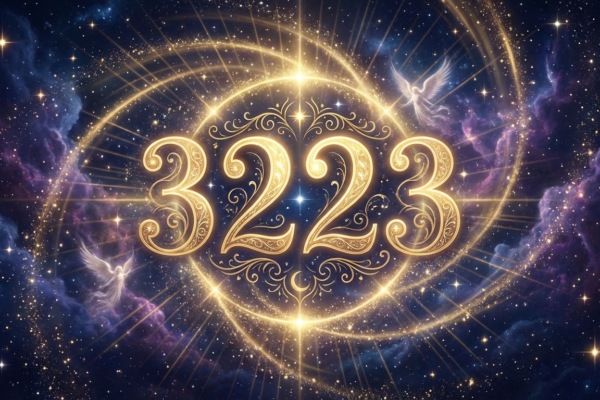 Angel number 3223 glowing in golden light against a cosmic background