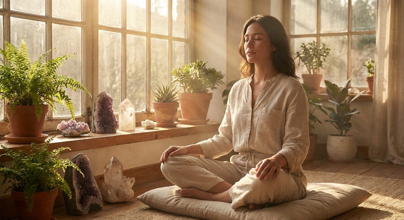 Person meditating peacefully in golden morning light with crystals and plants