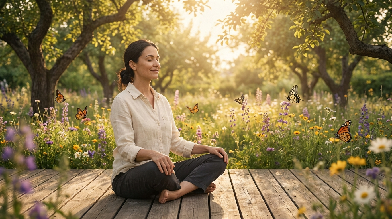 A woman meditating peacefully in a sunlit garden, representing the spiritual growth and inner peace of angel number 325