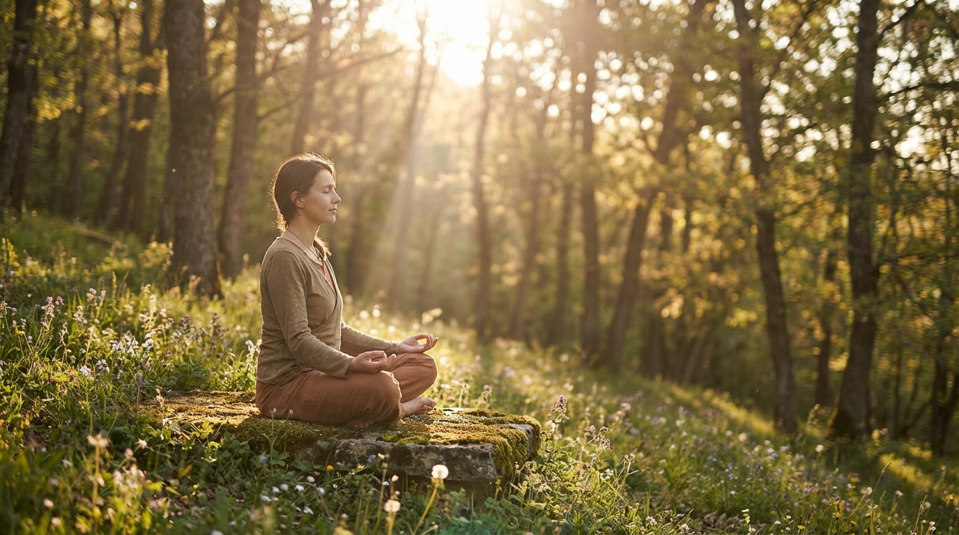 Person meditating peacefully in nature at golden hour, embodying the spiritual meaning of angel number 329