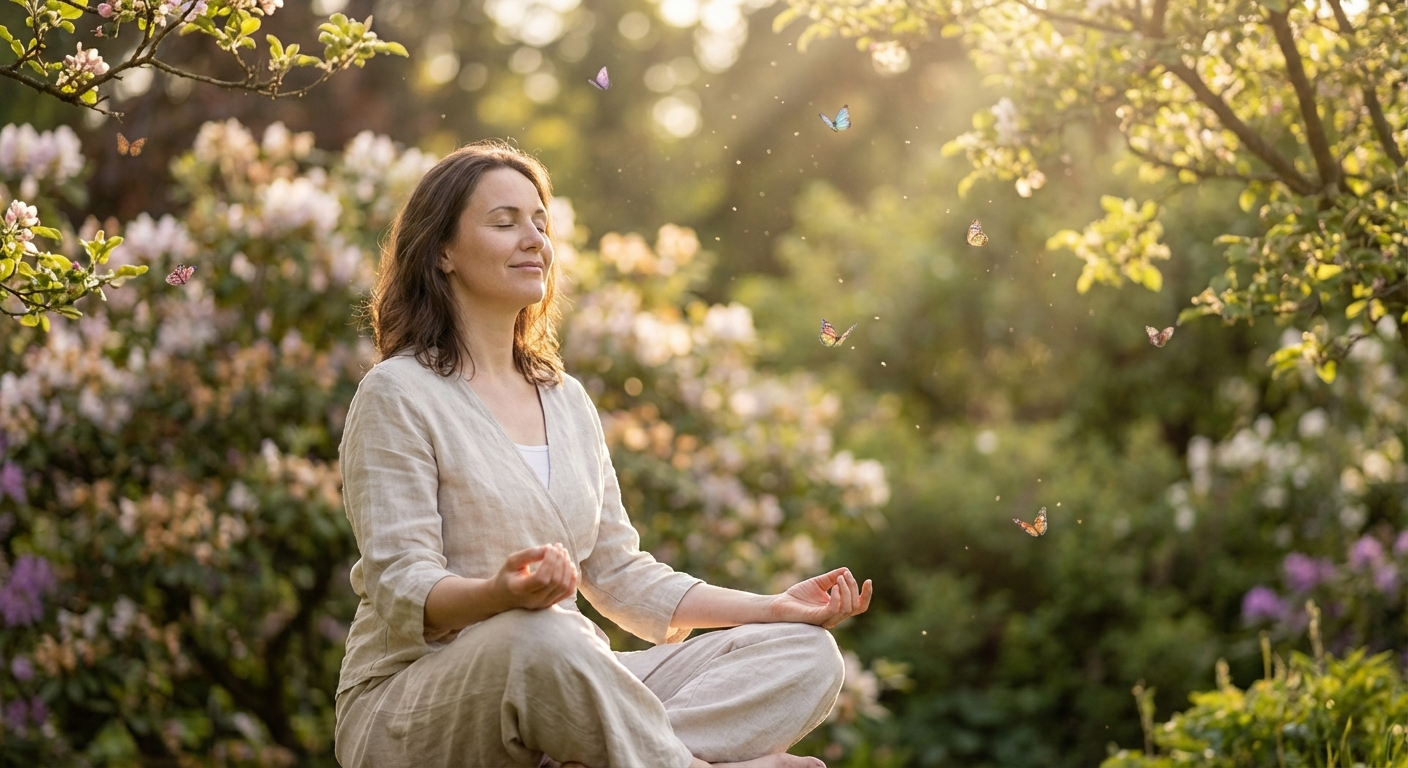 Woman meditating peacefully in a sunlit garden surrounded by nature