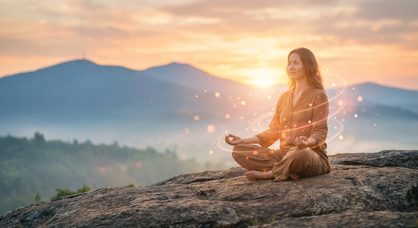 Woman meditating peacefully on solid rock at sunrise, representing the grounded spiritual energy of angel number 440