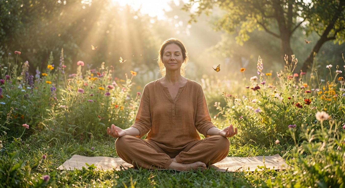 A peaceful woman meditating in a serene garden at sunrise, representing the spiritual transformation of angel number 5454