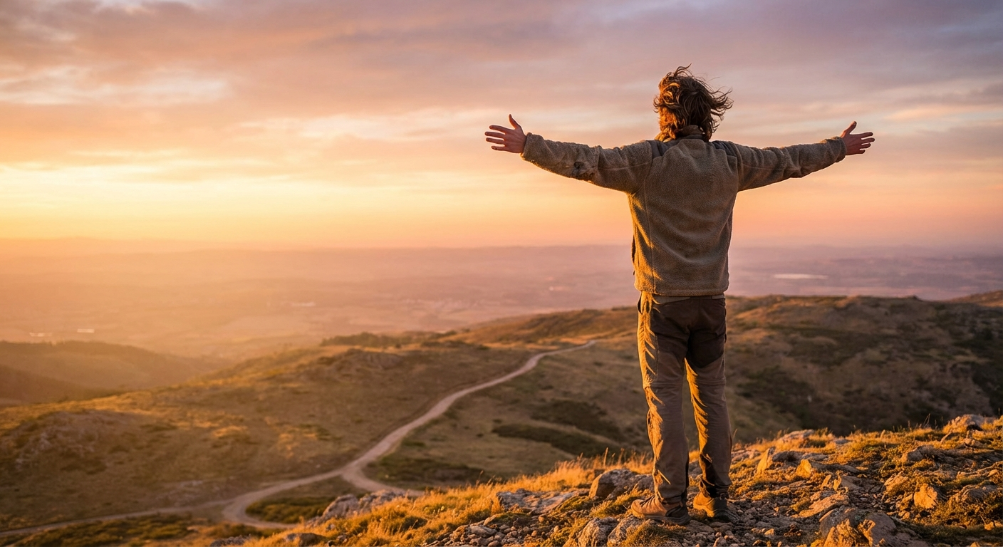 Person standing on a hilltop at golden hour embracing freedom and new beginnings
