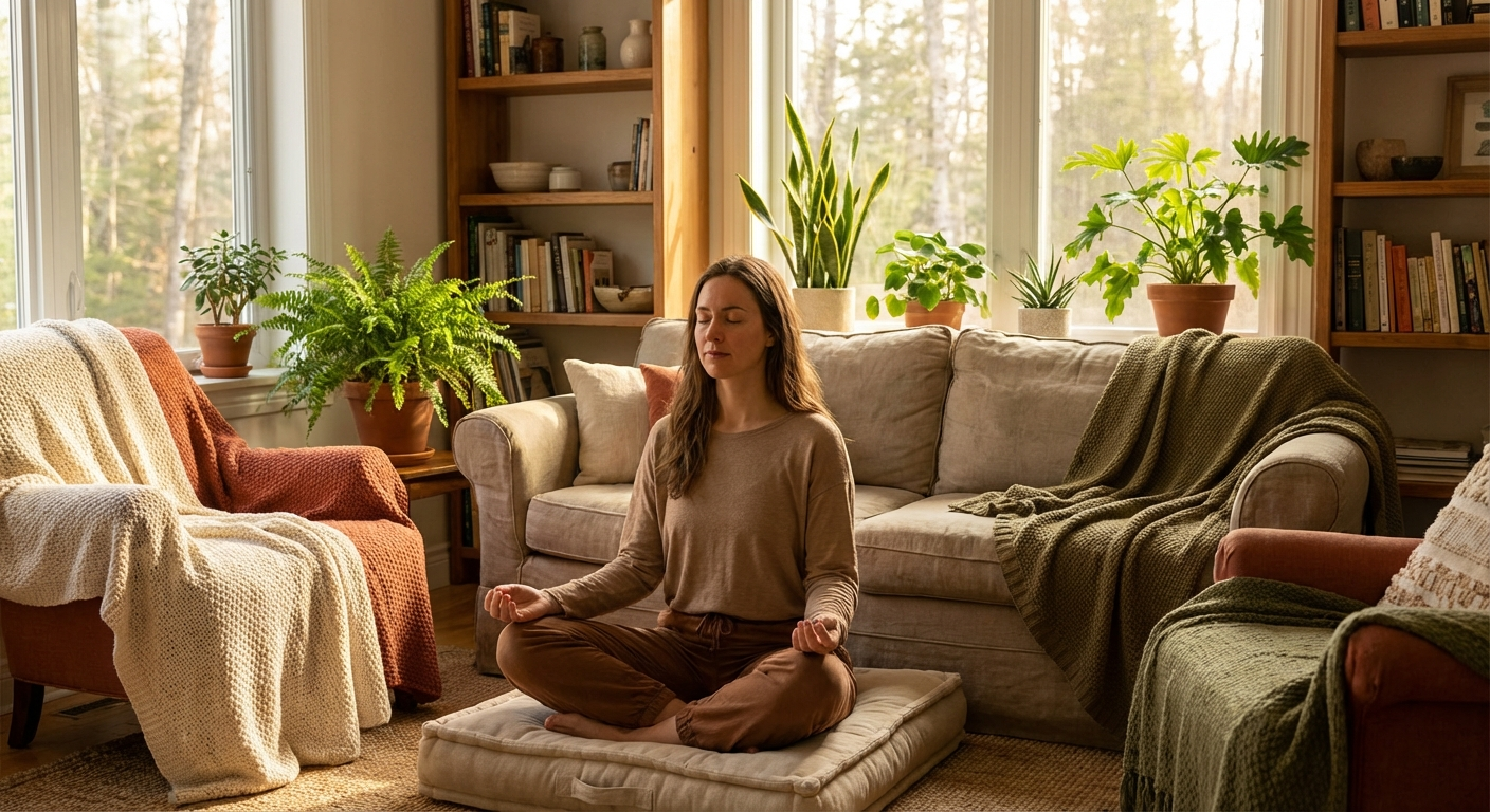 Woman practising mindful meditation in a peaceful home setting with warm natural light