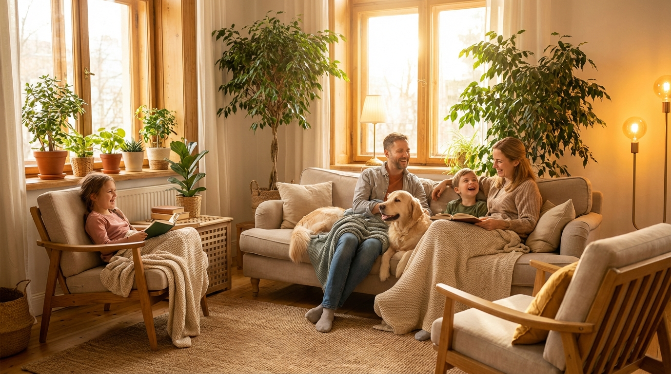 A warm, sunlit home interior representing the harmony and family togetherness that angel number 626 encourages