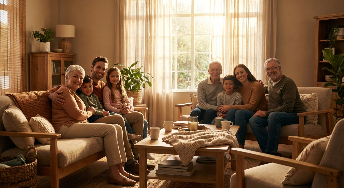 A warm family gathering in golden afternoon light representing the nurturing energy of angel number 6363