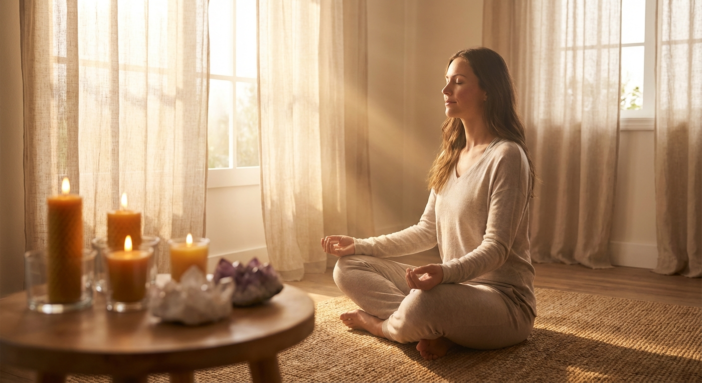 A woman meditating peacefully in soft golden morning light, representing the spiritual wisdom of angel number 7474