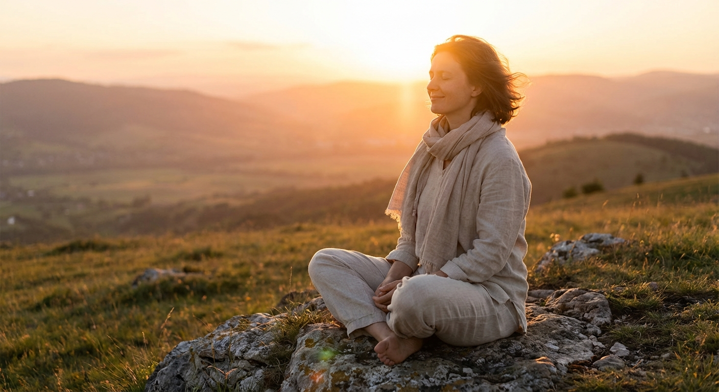 Person meditating peacefully at golden hour, representing the spiritual awakening energy of angel number 7979