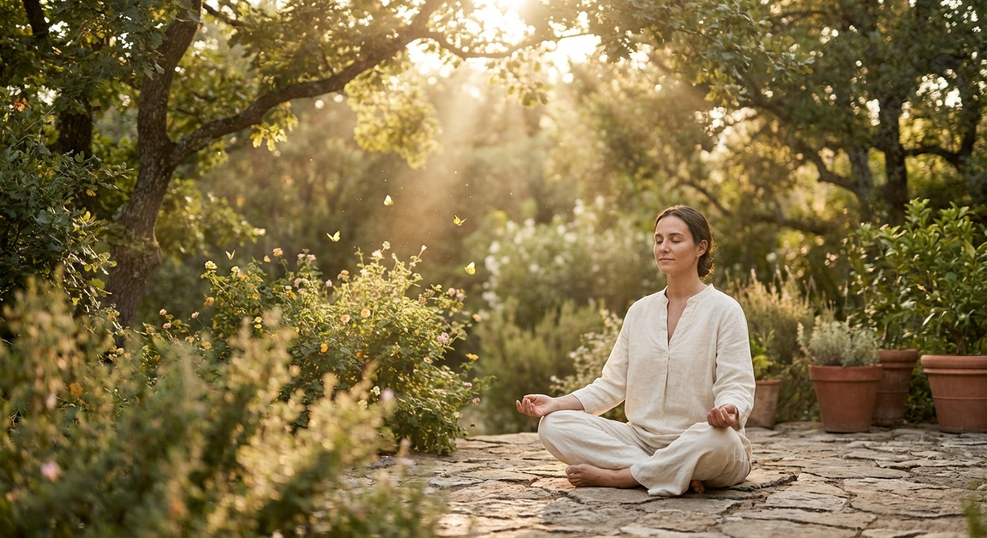 Person meditating peacefully in a golden garden setting, representing the spiritual abundance and inner peace of angel number 818