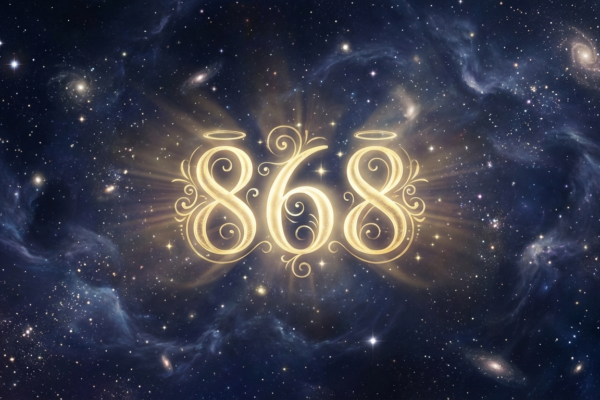 Angel number 868 glowing in golden typography against a cosmic purple and navy background