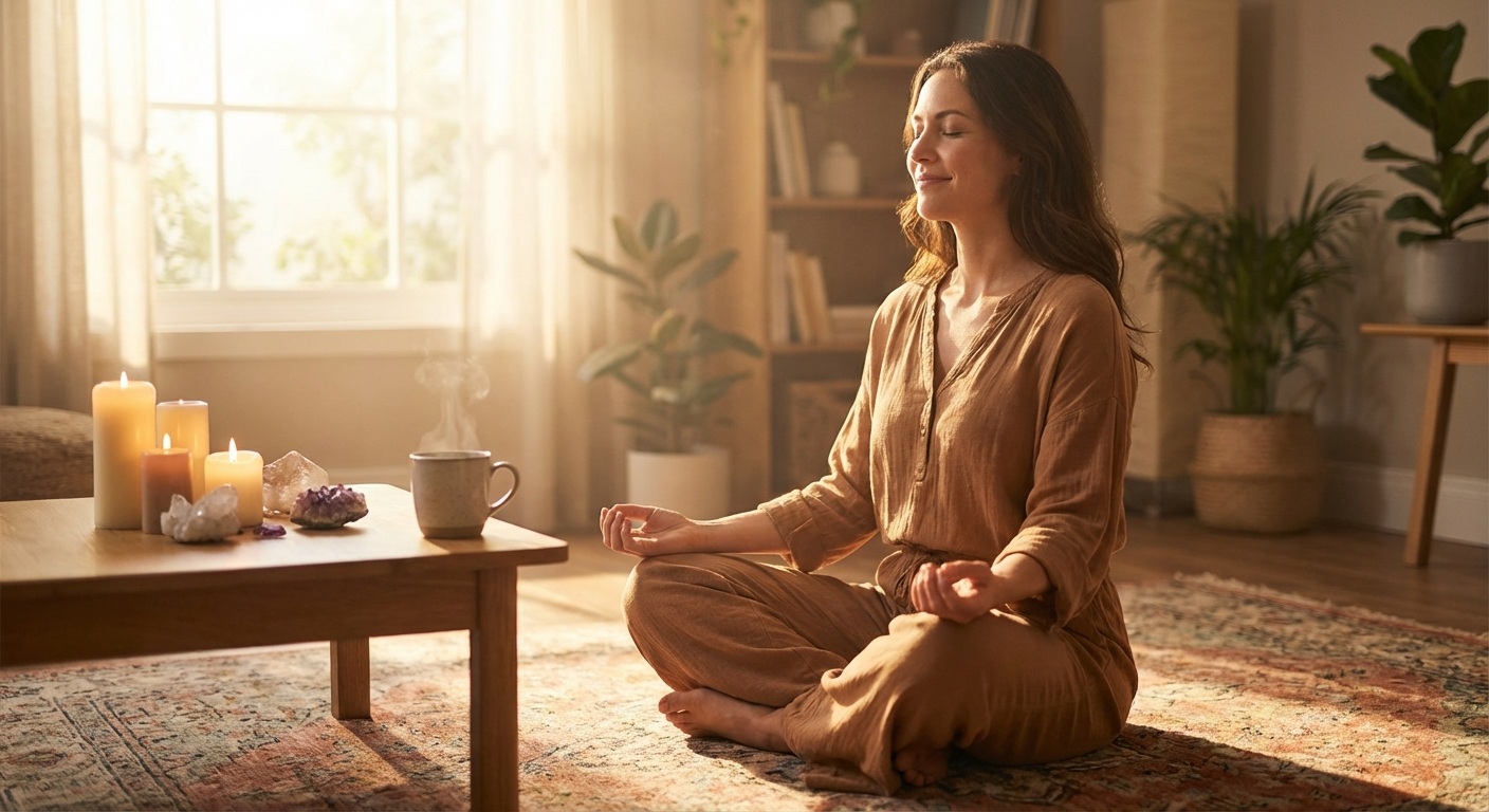 Woman meditating peacefully in sunlit room with crystals, feeling abundance and inner peace