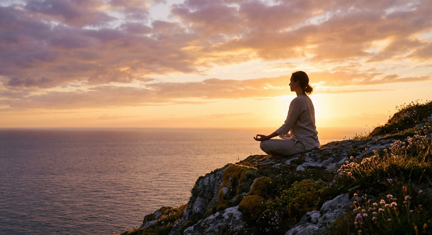 Person meditating peacefully at sunset overlooking the ocean, representing the spiritual wisdom of angel number 878