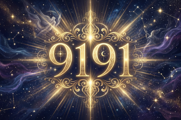 Angel number 9191 in golden glowing typography on cosmic background