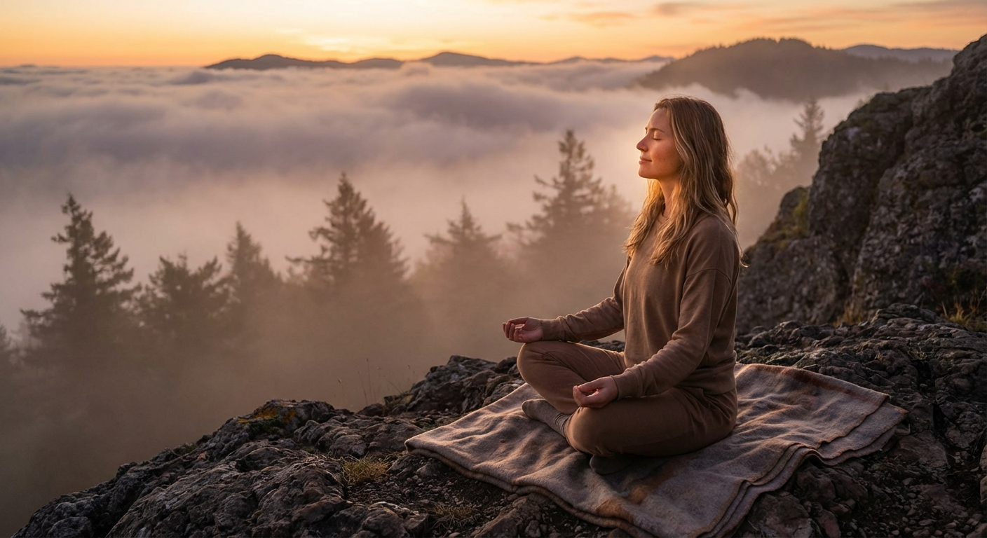Woman meditating at sunrise on a mountaintop, spiritual awakening