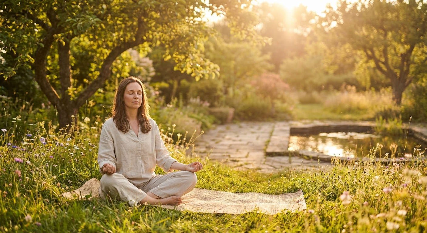 Woman meditating peacefully at sunset, representing the spiritual release and inner peace of angel number 9494