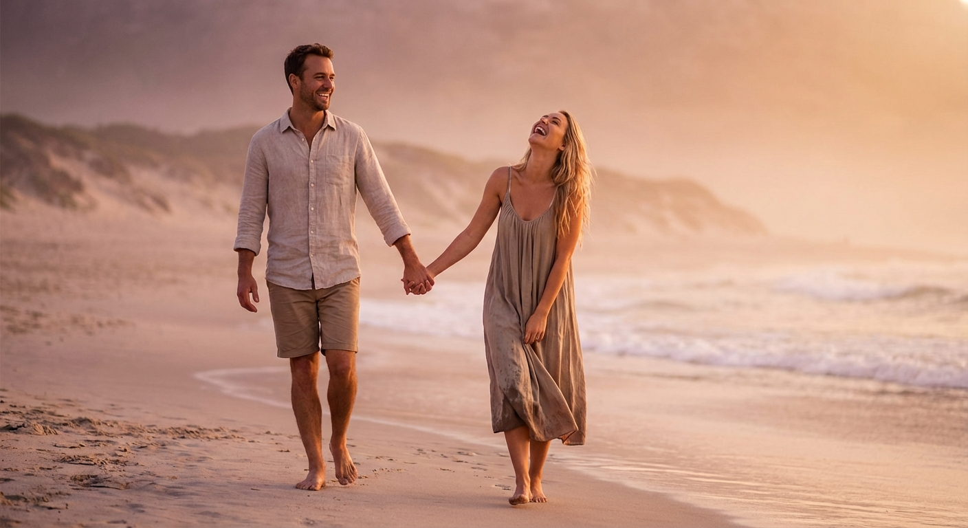 A happy couple walking together on a sunset beach, representing the warm romantic energy between Aries men and Leo women