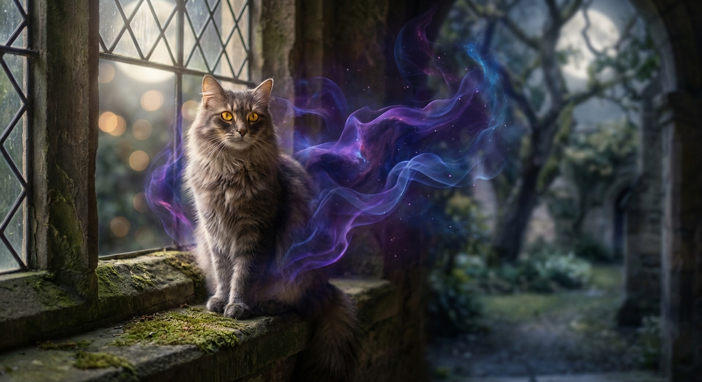 A mystical cat bathed in moonlight, representing the spiritual connection and sacred mystery of the cat spirit animal
