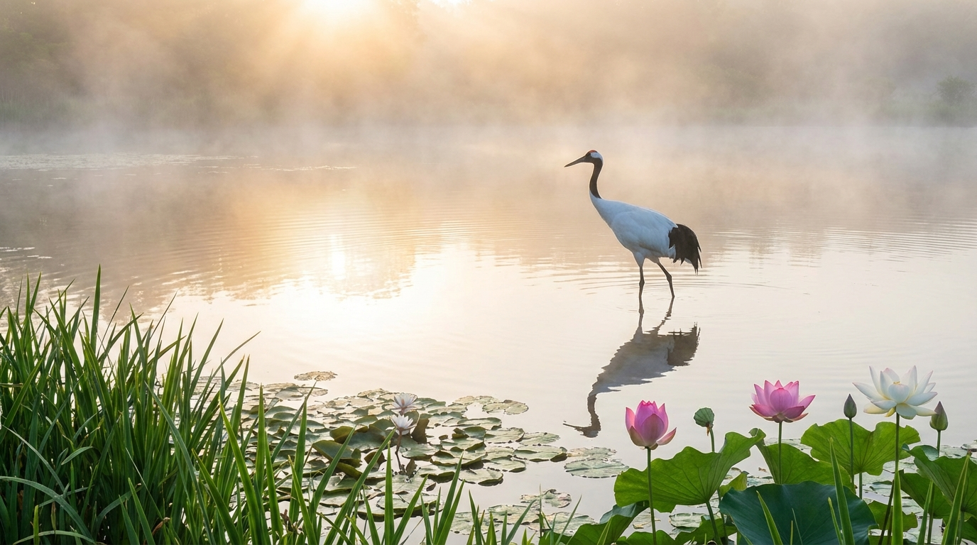 A graceful white crane standing in a misty lake at sunrise, symbolising peace, patience and spiritual wisdom