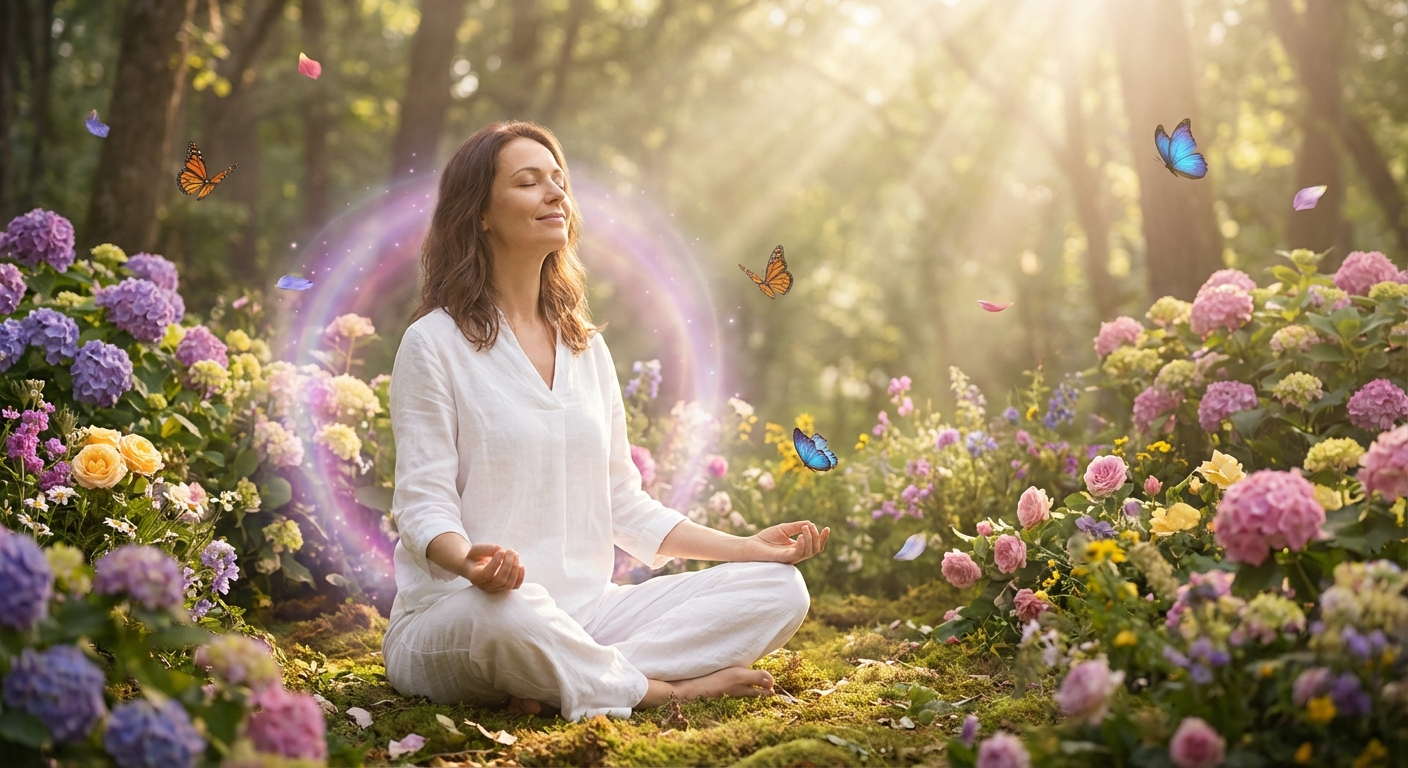 Woman meditating in nature surrounded by golden light and flowers, embodying divine feminine energy
