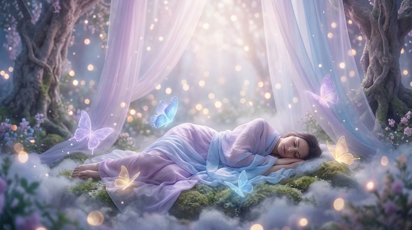 A serene ethereal dreamscape symbolizing spiritual transformation and rebirth with soft glowing light and butterflies