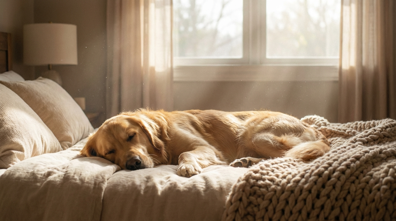 A peaceful dog resting in warm morning light, symbolising the loyal and protective energy dogs bring to our dreams